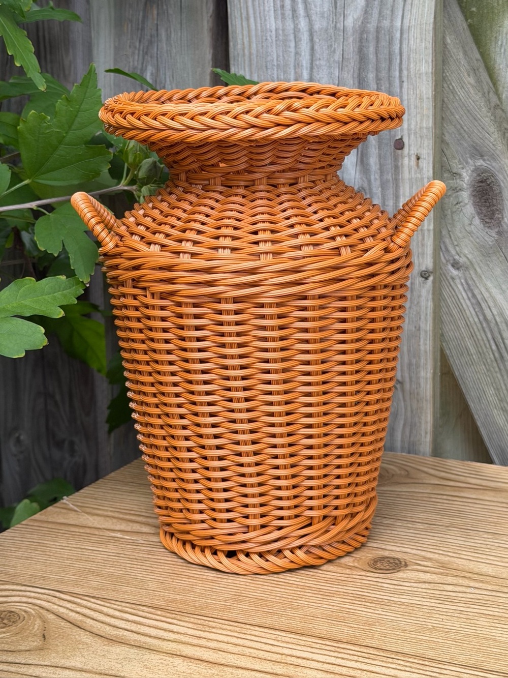Faux Rattan Woven  Decorative Basket Vase With Handles Plastic 9” Tall